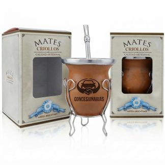 Mate De Calabaza Forrado Vaqueta Bombilla Acero Inox Plana Grabado C/Caja